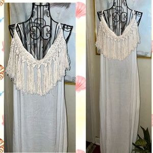 Z&L MACRAME FRINGED MAXI DRESS~NATURAL GAUZE~SPAGHETTI STRAPS~SMALL
